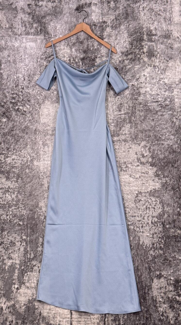 New BHLDN Dress 0 Womens Anthropologie Ira Blue Satin Off The Shoulder Maxi Gown